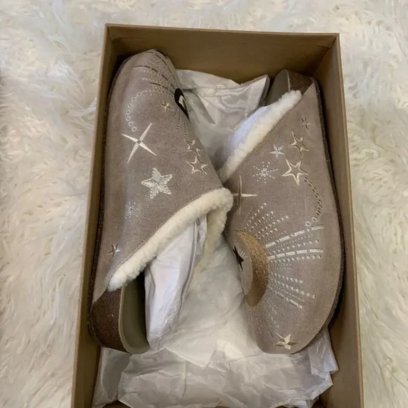 NEW Johnny Was Boho Embroidered Suede Celestial Mule Shoes Stars Eye Moon