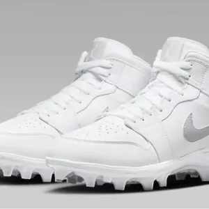 New Jordan 1 Mid TD Size 10 Us Men’s Football Cleats WHITE/GREY Style FJ6805-101