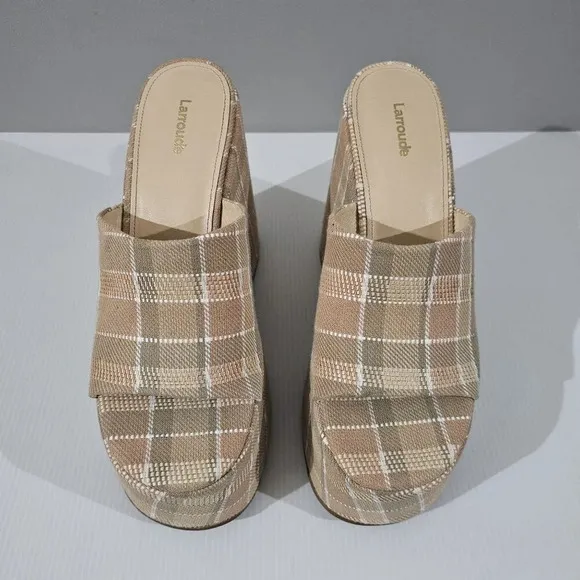 NEW Larroude Wanda Platform Mule Chunky Heel Neutral Beige Khaki Plaid Size 10
