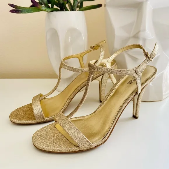 New MICHAEL KORS Arden Gold T-strap Stiletto Sandals shoes