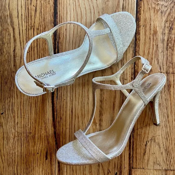 New MICHAEL KORS Arden Gold T-strap Stiletto Sandals shoes