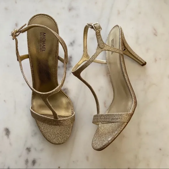 New MICHAEL KORS Arden Gold T-strap Stiletto Sandals shoes