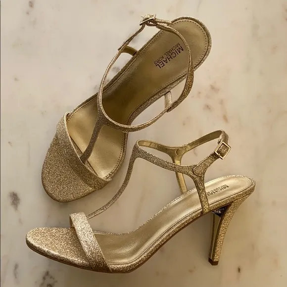 New MICHAEL KORS Arden Gold T-strap Stiletto Sandals shoes