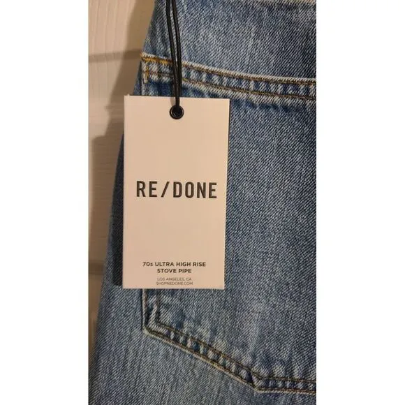New! RE/DONE 70s Ultra High Rise Stove Pipe Jeans Blue Women's Size 24‎