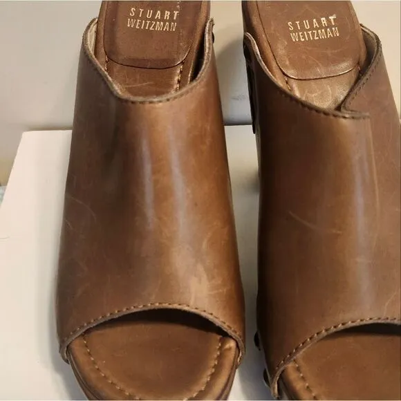NEW Stuart Weitzman &quot;Sequoia&quot; Brown Leather Nailhead Stud Heeled Mules Sz.9 $435