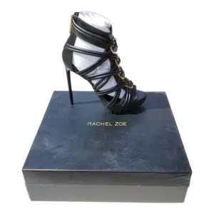 NIB Rachel Zoe Harlin Strappy High Heels Black Gold Metal Accents Women's 9