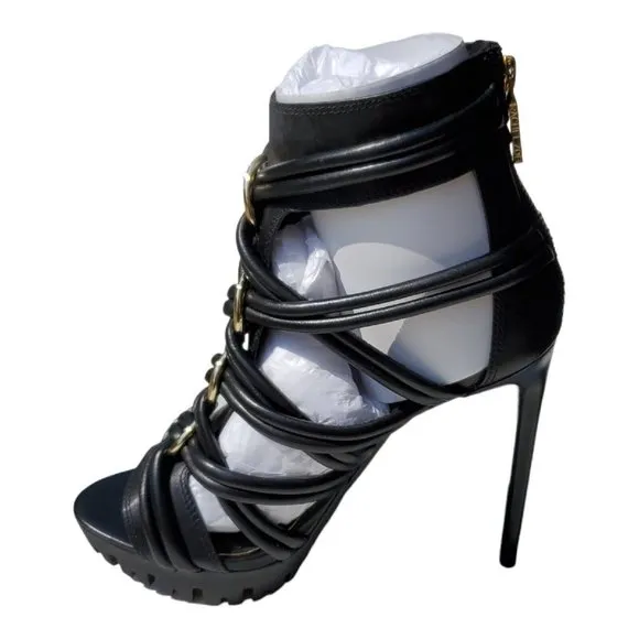 NIB Rachel Zoe Harlin Strappy High Heels Black Gold Metal Accents Women's 9