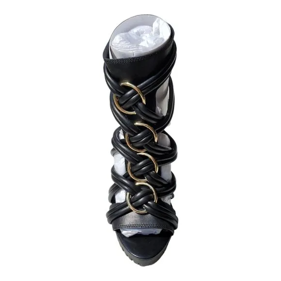 NIB Rachel Zoe Harlin Strappy High Heels Black Gold Metal Accents Women's 9
