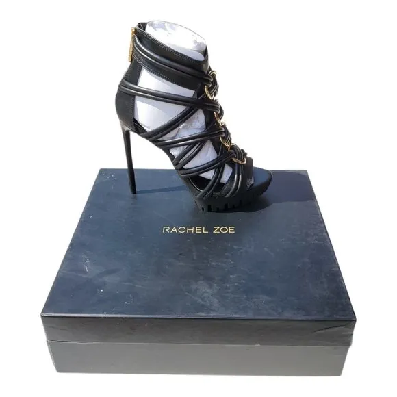 NIB Rachel Zoe Harlin Strappy High Heels Black Gold Metal Accents Women's 9