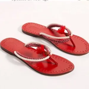 NIB Free People Menorca Flat Thong Sandal Red Leather White Beaded EU 38 US 8