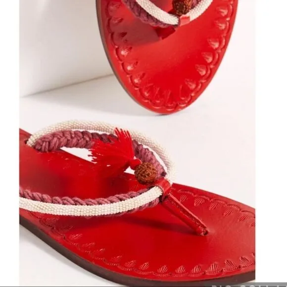NIB Free People Menorca Flat Thong Sandal Red Leather White Beaded EU 38 US 8