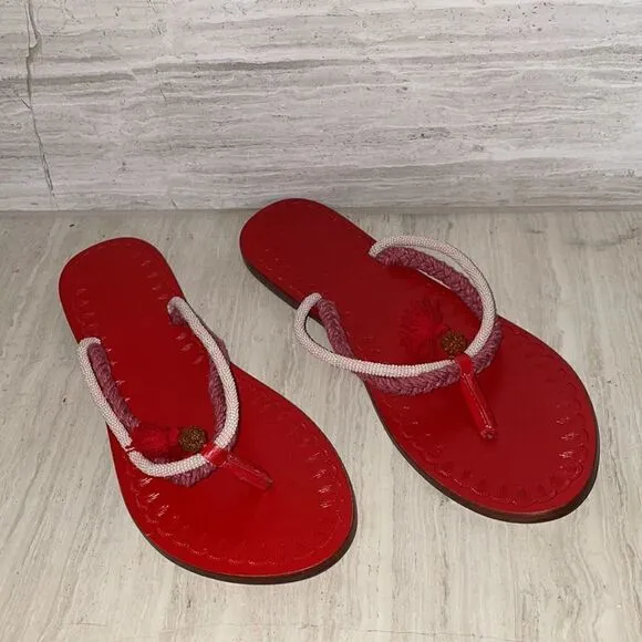 NIB Free People Menorca Flat Thong Sandal Red Leather White Beaded EU 38 US 8