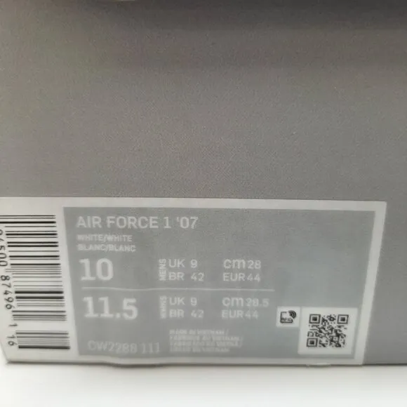 Nike Air Force 1 '07 Low Shoes CD4 Triple White CW2288 111 Mens 10 Women's 11.5