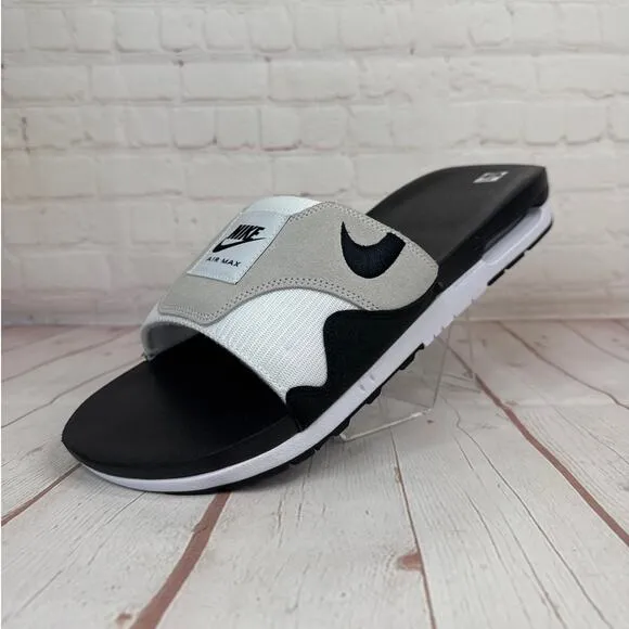 Nike Air Max 1 White Black Lt Neutral Grey Slides Sandals Mens Sz 18 DH0295-102