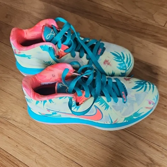 Nike Blue and Pink Athletic Shoes with Tropical Design