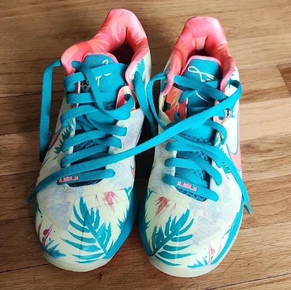 Nike Blue and Pink Athletic Shoes with Tropical Design
