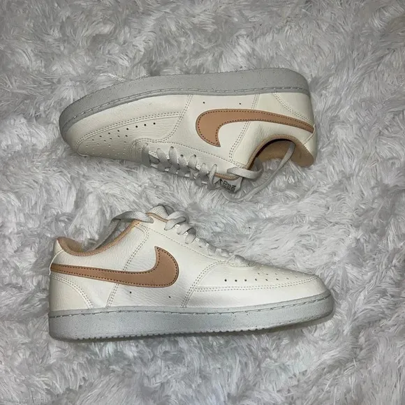 Nike Court Vision Low Basic White and Neutral Sneakers Tan Swoosh