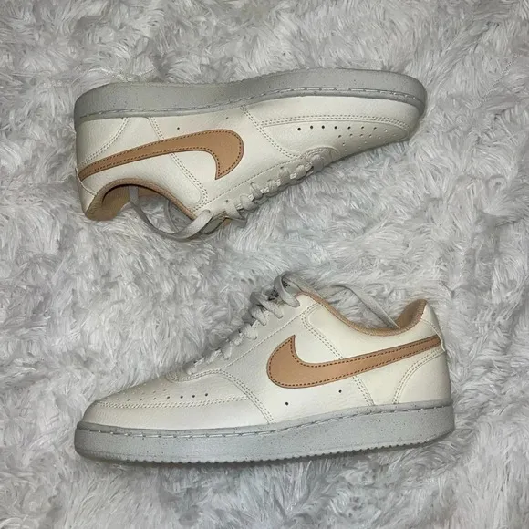 Nike Court Vision Low Basic White and Neutral Sneakers Tan Swoosh