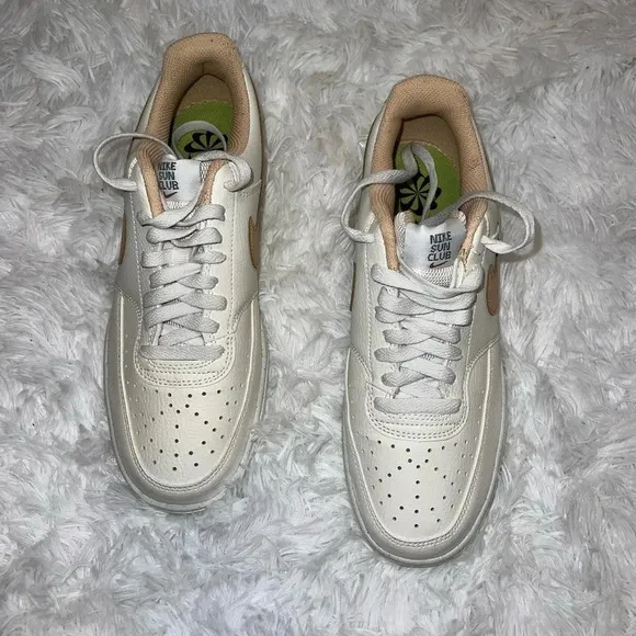 Nike Court Vision Low Basic White and Neutral Sneakers Tan Swoosh