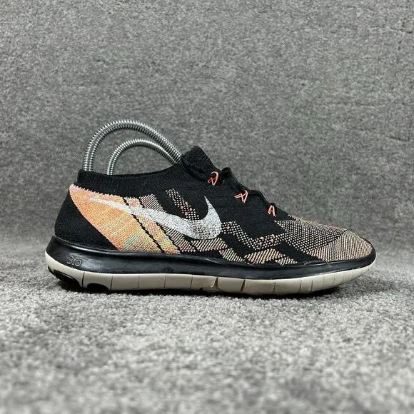 Nike Free 3.0 Flyknit Running Shoes 718420-011 Black Sail Hyper Orange Women's 8