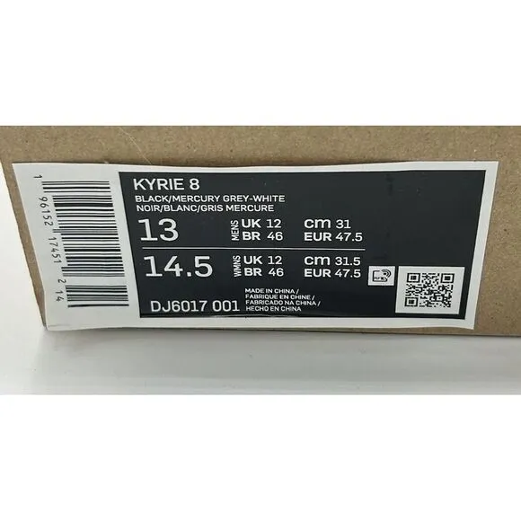 Nike Kyrie 8 Sneakers Black‎ Grey Mens Size 13 Women's 14.5 NIB
