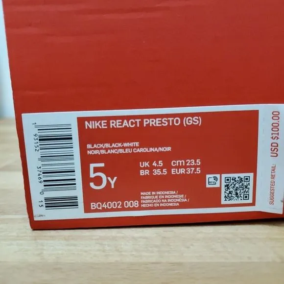Nike React Presto (GS) Black White BQ4002 008 Sneakers Size 5 Youth / 6.5 Womens