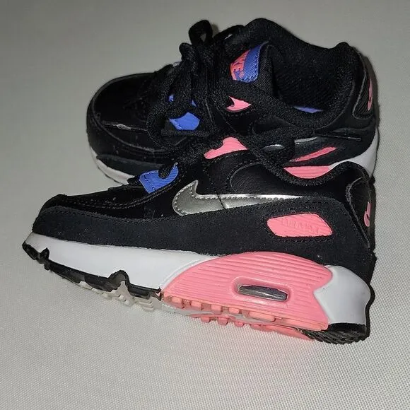 Nike (TD) Air Max 90 Girls Shoes Black/Metallic Silver - Sunset Pulse Size 6c