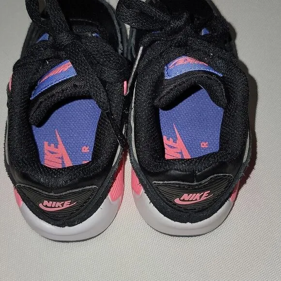 Nike (TD) Air Max 90 Girls Shoes Black/Metallic Silver - Sunset Pulse Size 6c