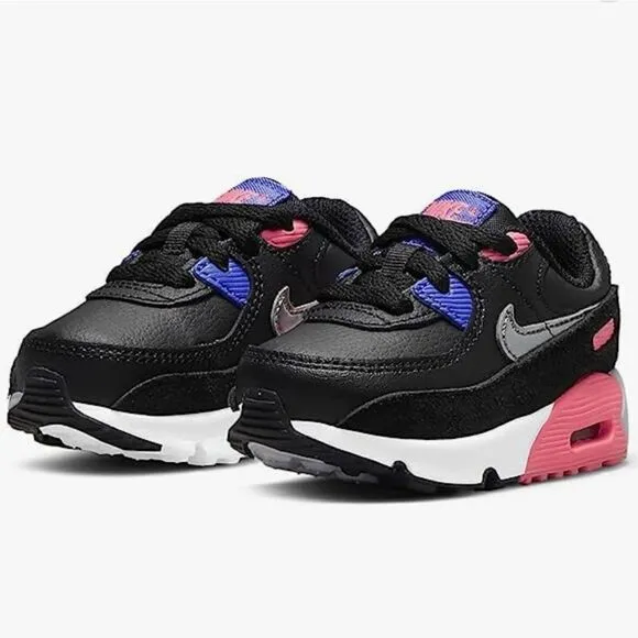 Nike (TD) Air Max 90 Girls Shoes Black/Metallic Silver - Sunset Pulse Size 6c