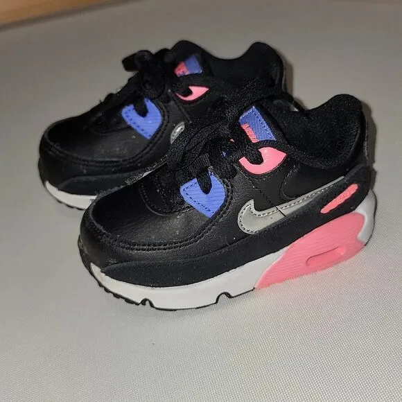 Nike (TD) Air Max 90 Girls Shoes Black/Metallic Silver - Sunset Pulse Size 6c
