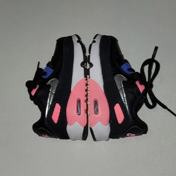 Nike (TD) Air Max 90 Girls Shoes Black/Metallic Silver - Sunset Pulse Size 6c