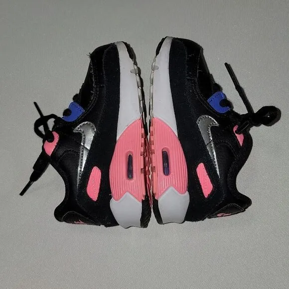 Nike (TD) Air Max 90 Girls Shoes Black/Metallic Silver - Sunset Pulse Size 6c
