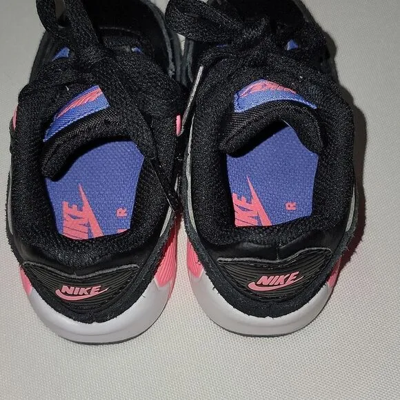 Nike (TD) Air Max 90 Girls Shoes Black/Metallic Silver - Sunset Pulse Size 6c