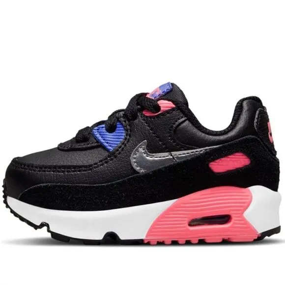 Nike (TD) Air Max 90 Girls Shoes Black/Metallic Silver - Sunset Pulse Size 6c