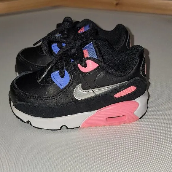 Nike (TD) Air Max 90 Girls Shoes Black/Metallic Silver - Sunset Pulse Size 6c