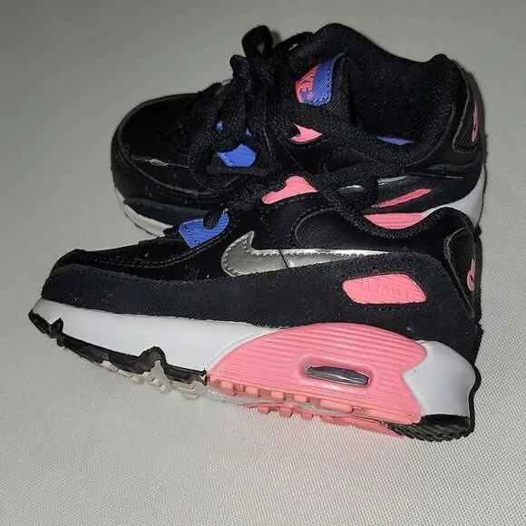 Nike (TD) Air Max 90 Girls Shoes Black/Metallic Silver - Sunset Pulse Size 6c
