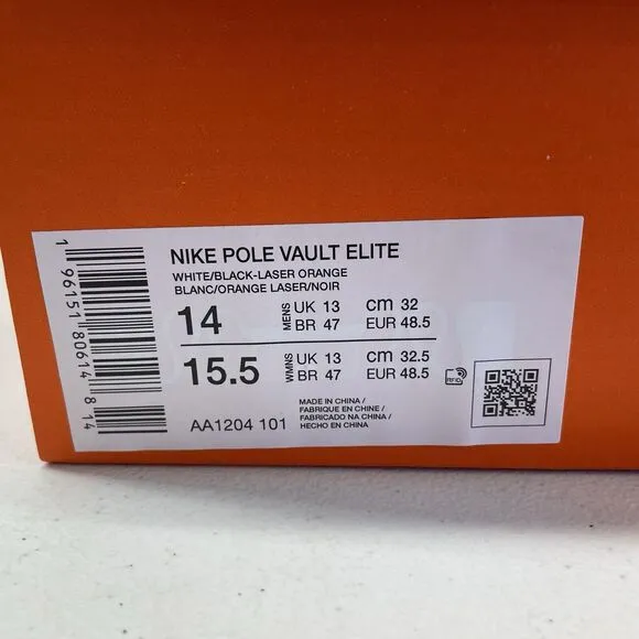 Nike Zoom Pole Vault Elite Track Shoes White Orange Men's Size 14 AA1204-101