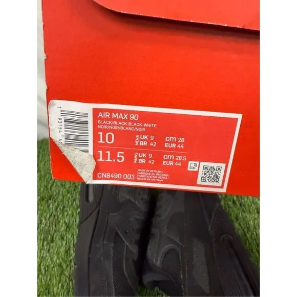 Nike Air Max 90 Men's Size 10 US CN8490-003 Triple Black Lace Up Athletic Shoes