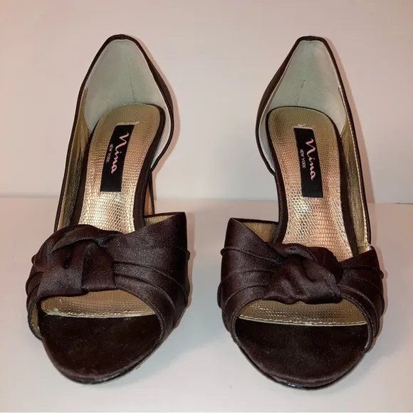Nina Mocha Brown Satin Heels Wedding Formal Prom Cocktail Party Designer Shoes 6