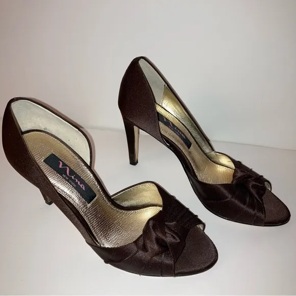 Nina Mocha Brown Satin Heels Wedding Formal Prom Cocktail Party Designer Shoes 6