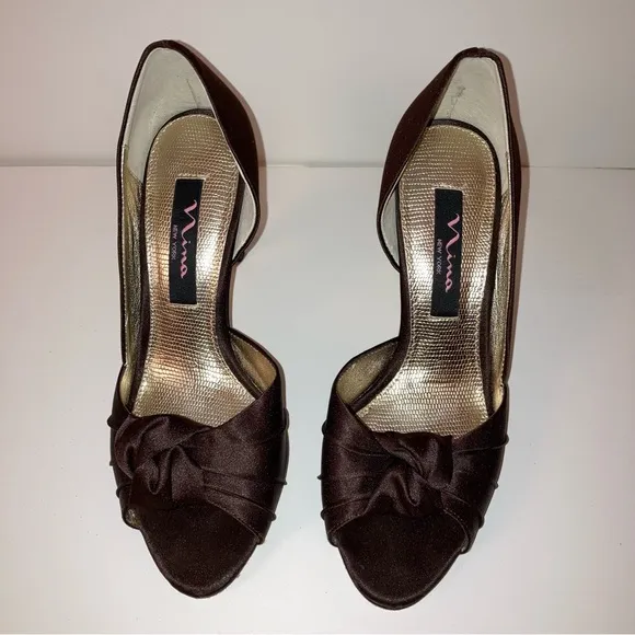 Nina Mocha Brown Satin Heels Wedding Formal Prom Cocktail Party Designer Shoes 6