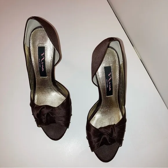 Nina Mocha Brown Satin Heels Wedding Formal Prom Cocktail Party Designer Shoes 6