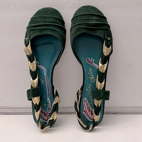 NWOT Irregular Choice Green Suede Gold Metallic Flat Shoes Size 39.5