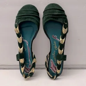 NWOT Irregular Choice Green Suede Gold Metallic Flat Shoes Size 39.5