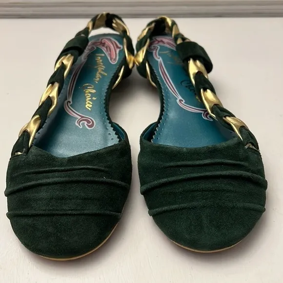 NWOT Irregular Choice Green Suede Gold Metallic Flat Shoes Size 39.5