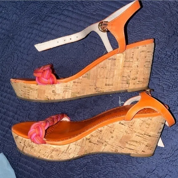 NWOT Jack Rogers Cork Wedge heels, pink peach orange, size 7 boho