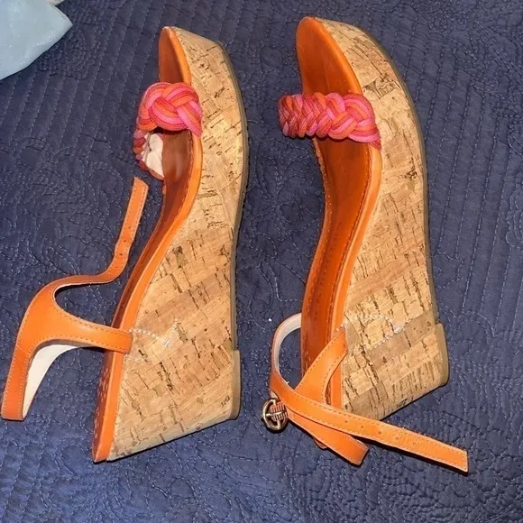 NWOT Jack Rogers Cork Wedge heels, pink peach orange, size 7 boho