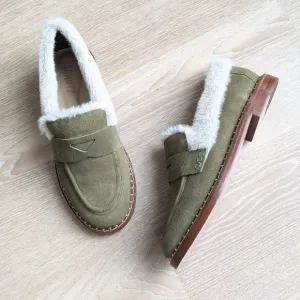 NWOT Schutz Green Cow Suede Christie Furry Flat Loafer Shoes, size 7B