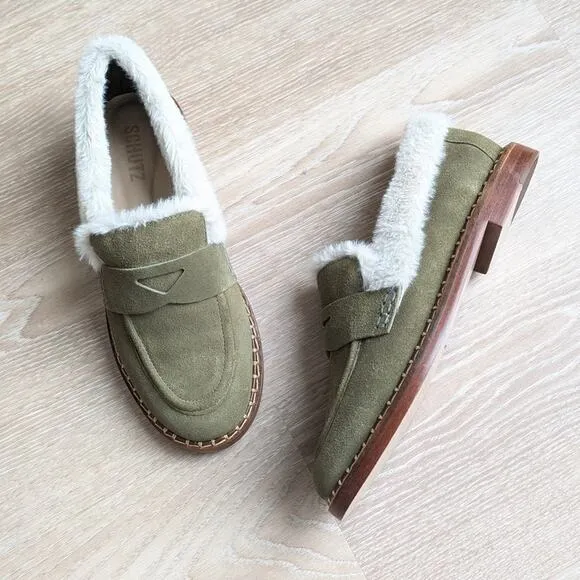 NWOT Schutz Green Cow Suede Christie Furry Flat Loafer Shoes, size 7B