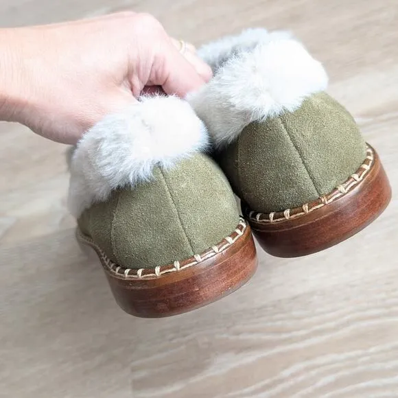NWOT Schutz Green Cow Suede Christie Furry Flat Loafer Shoes, size 7B